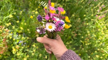 En hand håller upp en blombukett