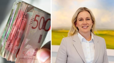 Tvådelad bild på en bunt sedlar till vänster och porträttbild på Catharina Åbjörnsson Lindgren till höger