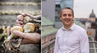 Delad bild på händer som håller i några gula lökar och en porträttbild av Joshua Prentice