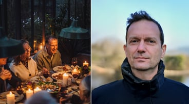 Delad bild på ett middagssällskap till vänster och porträtt på Håkan Jönsson till höger.