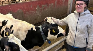 Therese Schelin, lantbrukare i Umeå, i kostallet med korna