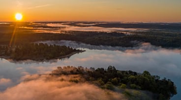Vy över dimhöljd skog och sjö