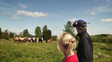 Två lantbrukare, en kvinna och en man, står med ryggen mot kameran och tittar ut över en kohage