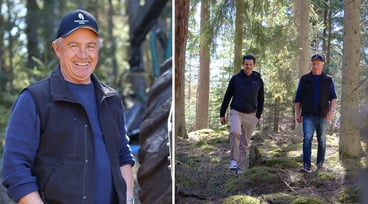 Delad bild på Staffan och Martin i skogen