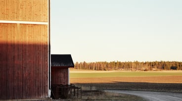 Gårdsmiljö med fält och skog i bakgrunden.