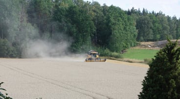 Skördetraktor på åker
