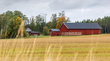 Röd gård med åker framför
