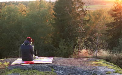 Kvinna tittar i mobilen på bergknalle framför en skog