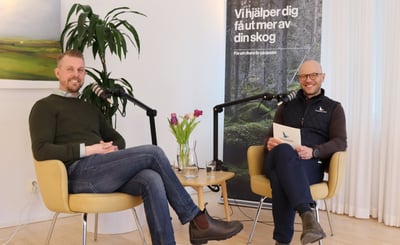Olle Nylund och Johan Dymling sitter mitt emot varandra i en studio