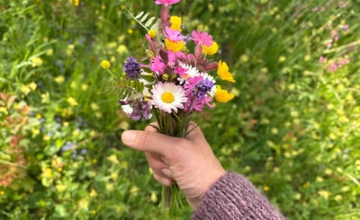 En hand håller upp en blombukett