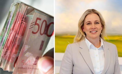 Tvådelad bild på en bunt sedlar till vänster och porträttbild på Catharina Åbjörnsson Lindgren till höger