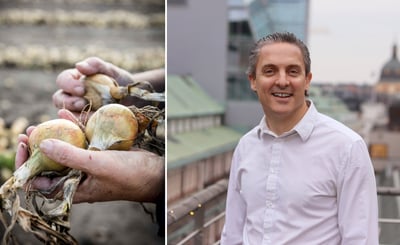 Delad bild på händer som håller i några gula lökar och en porträttbild av Joshua Prentice