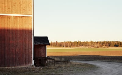 Gårdsmiljö med fält och skog i bakgrunden.