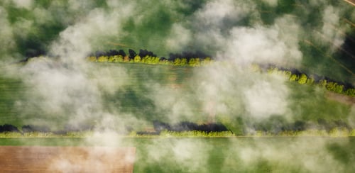 An aerial view of a field with trees and clouds