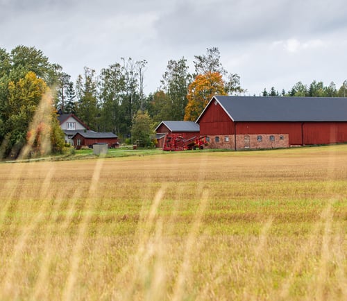 Röd gård med åker i förgrunden