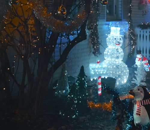 Trädgård med väldigt mycket lysande julpynt.