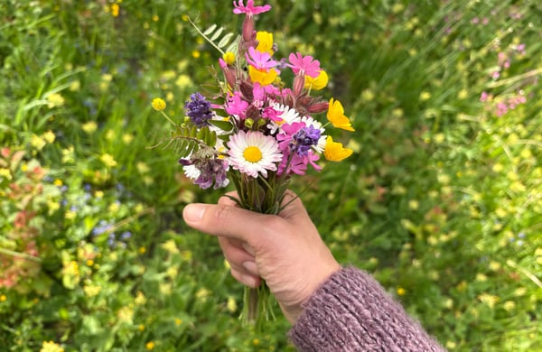 En hand håller upp en blombukett