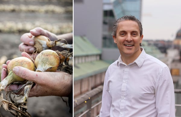 Delad bild på händer som håller i några gula lökar och en porträttbild av Joshua Prentice