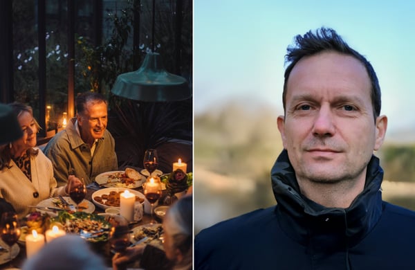 Delad bild på ett middagssällskap till vänster och porträtt på Håkan Jönsson till höger.