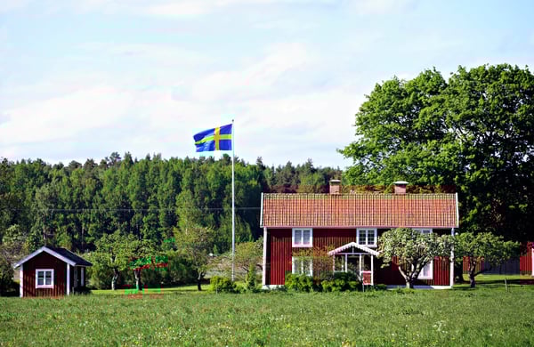 Rött hus i en grönskande trädgård, svensk flagga är hissad bredvid huset