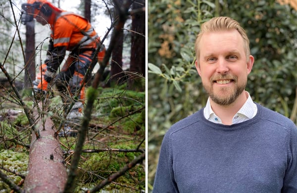 Tvådelad bild på en skogsbrukare som arbetar i skogen till vänster och porträttbild på Olle Nylund till höger