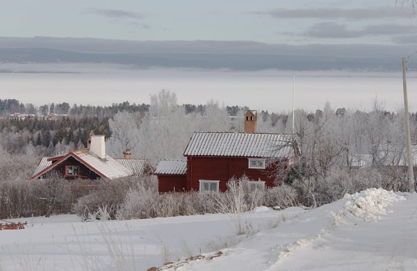 En gård inbäddat i snölandskap