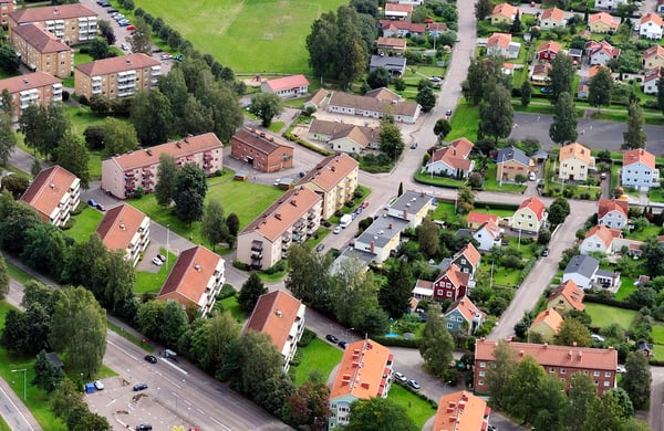 Flygbild över bostadsområde.