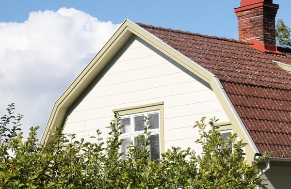 Närbild på gaveln på ett vitt hus, äppelträd i förgrunden