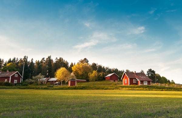 Grön äng framför röda hus med vita knutar. Blå himmel med lätta moln ovanför