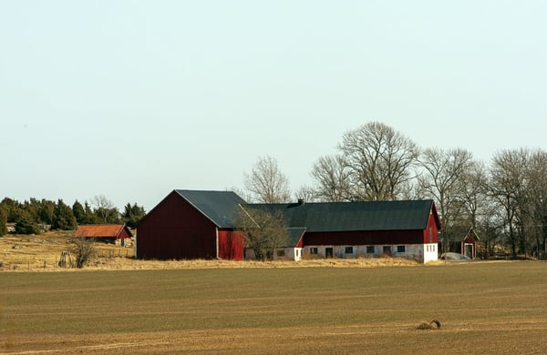Vy över åker och ladugård
